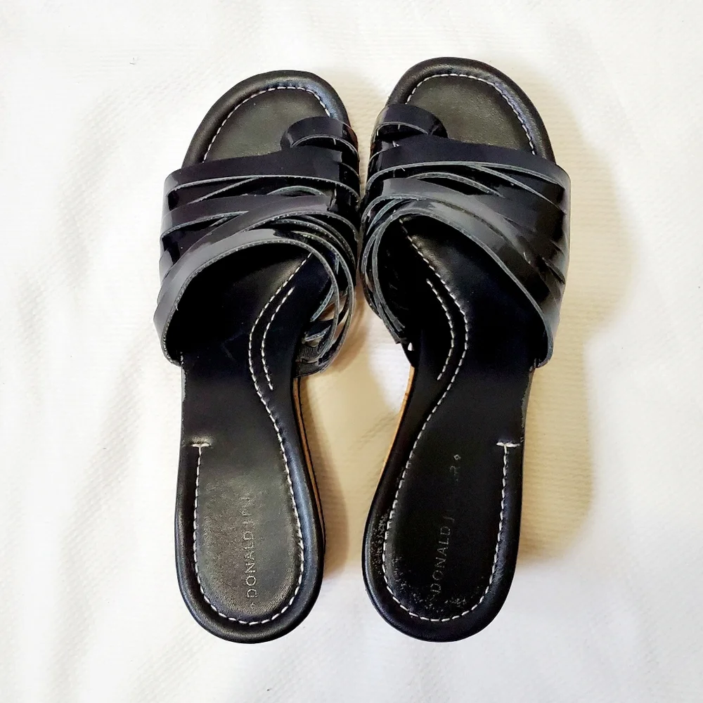 Donald J. Pliner Black Patent Leather Cork Wedge Sandals